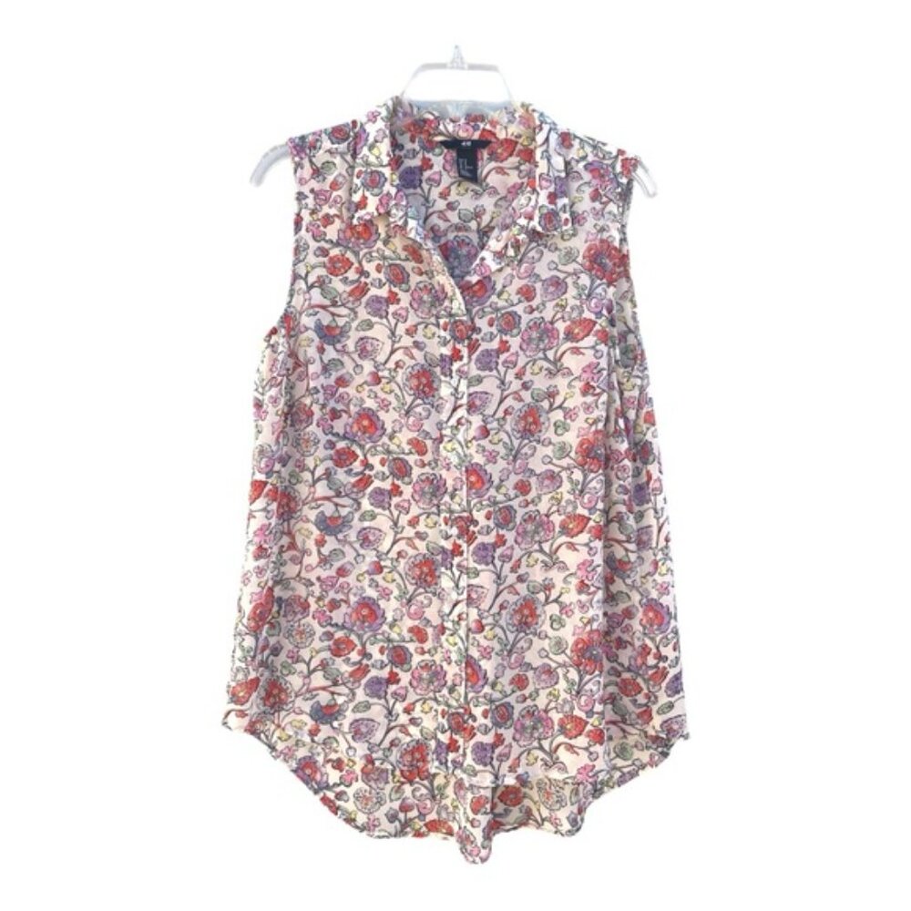 H&M Women’s Floral Print Semi Sheer Sleeveless Button-Down Top Size 10 - Picture 7 of 8